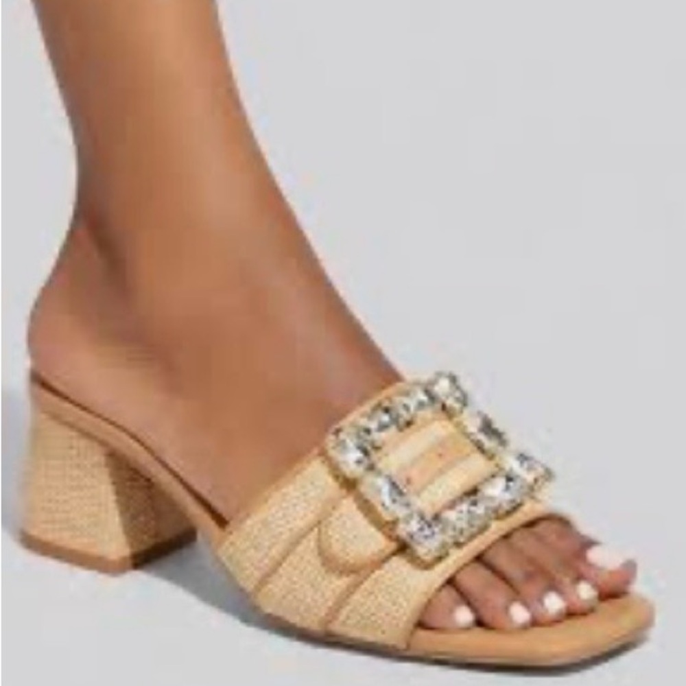 A New Day NWT Kathleen Raffia Block Heel Sandals with crystal embellishments